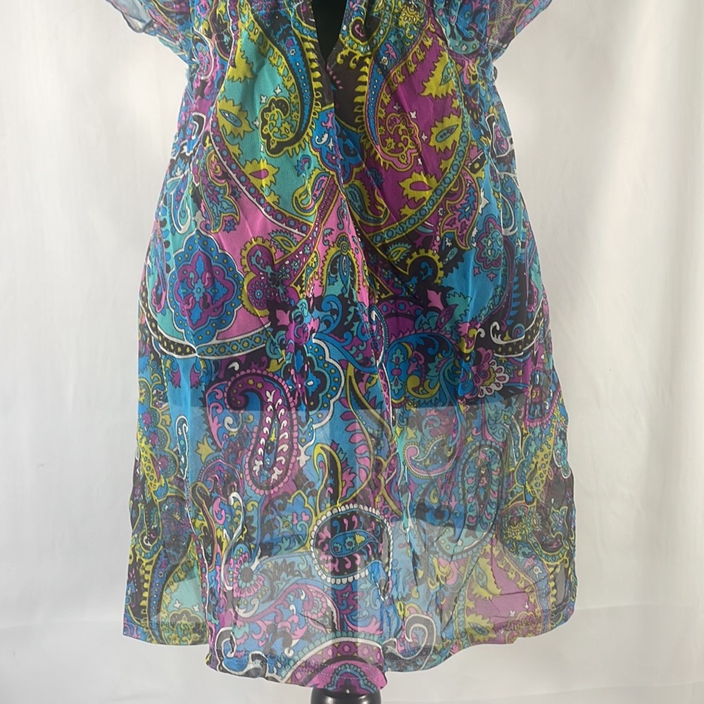 Sheer multi colored blue, hot pink,swim cover up,plunge V neck,tie in back,Small - Picture 3 of 9